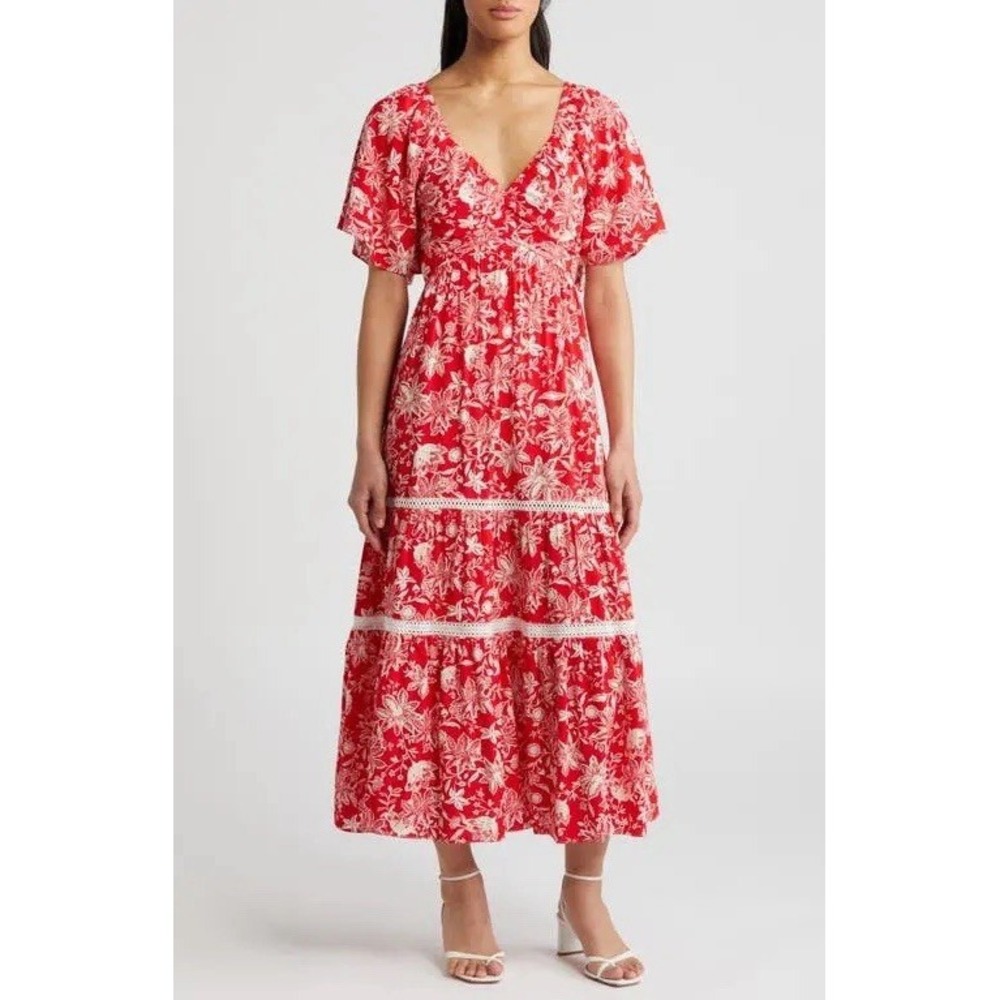 NWT Adelyn Rae Red‎ Floral Tiered Maxi Dress Sz L Tropical Resort Vacation Boho